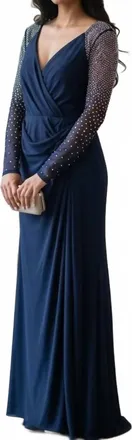 Betsy & Adam Womens Embellished Sheer Sleeve Wrap Maxi Dress In Navy Blue
