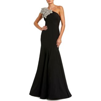 Mac Duggal Petite Crepe One Shoulder Gown With Flower Detail in Black at Nordstrom, Size 10P