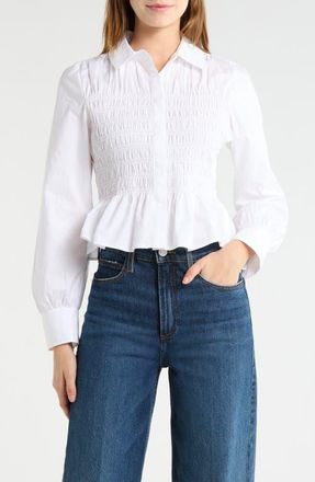 Rails Bradshaw Smock Bodice Cotton Button-Up Shirt in White at Nordstrom, Size Xx-Small