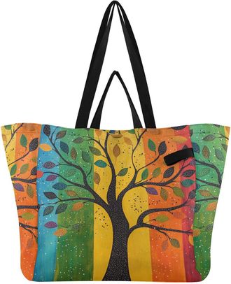 Generic Rainbow Leaves Tree print Reusable Canvas Tote Bag, Heavy Duty Grocery Shopping Bag with Hard Bottom Large Capacity Double Handles Work Groceries Trav