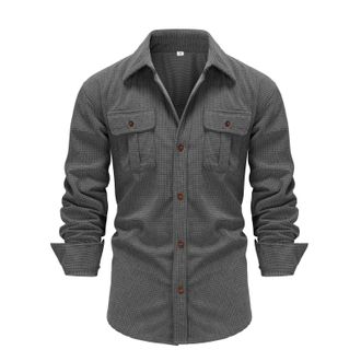 Generic Mens Shirts Long Sleeve Texture Waffle Untucked Shirt Jacket Double Pockets Button Down T-Shirt Solid Color Blouses Camisas para Hombres(Grey, S)
