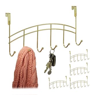 Relaxdays 5x Percheros Puerta 6 Ganchos, Colgante, Colgador Puerta Pasillo, Dormitorio, Ba&ntilde;o, 20 X 40 X 9 Cm, Dorado