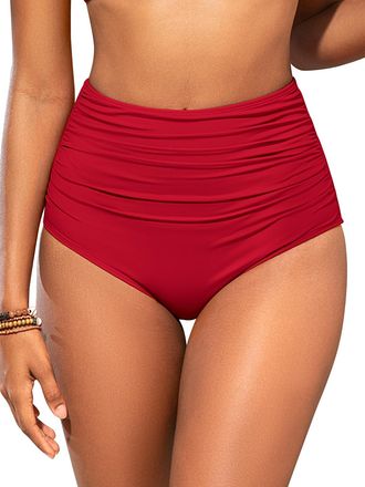 SHEKINI Women Shaping Swimwear Bottoms High Waisted Bikini Bottom Tummy Control Ruched Swim Brief Bottom, Red, XX-Large