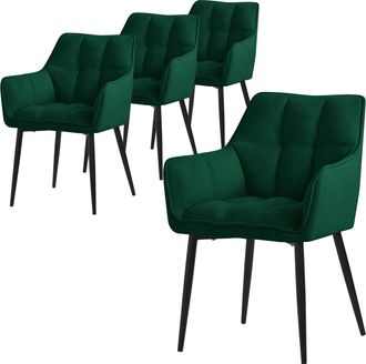 ML Design Ml-design - Set 4x Sillas De Comedor Con Respaldo Y Reposabrazos Asiento Acolchado Verde Oscuro Tapizado De Tejido De Rizo Con Patas De Metal Sill&oacute;n E