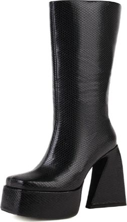 Generic Womens Mid-Calf Platform Chunky Heel Boots PU Leather Snake And Plain Texture Retro Round Toe Side Zip Design Comfortable Non-Slip Durable Wear,Black,