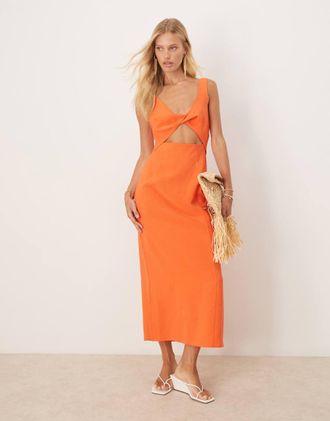 Asos Vestito midi arancione con cut-out, spalline sottili e bustino attorcigliato