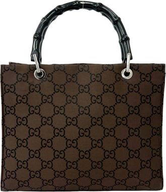 Gucci Brown Nylon Bamboo Leather Boston Bag Handbag Tote Bag (Pre-Owned)