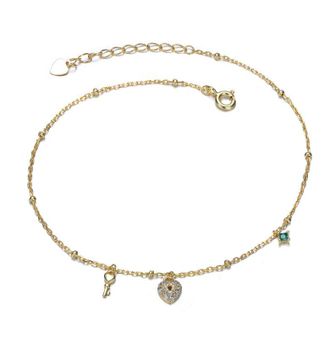 Rachel Glauber 14K Gold Plated with Emerald Green Cubic Zirconia Heart and Key Charm Bracelet