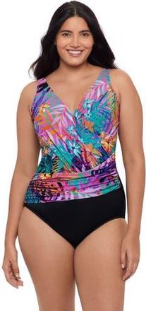 Trimshaper Addison Surplice One-Piece Control Swimsuit in Caribbean Palms at Nordstrom, Size 16