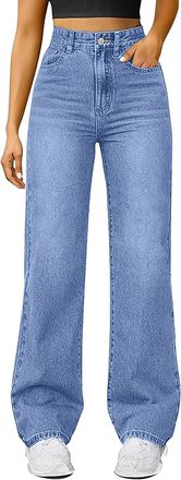 Generic Womens Stretch Denim Jeans Elasticated High Waist Wide Leg Trousers Straight Leg Baggy Pull On Bootcut Flare Casual Streetwear with Pockets Blue