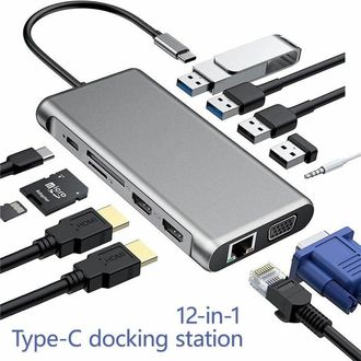 OEM Hub Usb C - 2 Hdmi 4k - Vga - Rj45 Ethernet - Lecteur Sd Tf - 4 Ports Usb - Alimentation Pd - Pour Ordinateur Portable - 1 Pi&egrave;ce