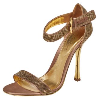 Sergio Rossi Gold Satin And Crystal Embellished Studded Ankle Strap Sandals