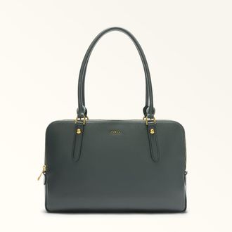 Furla Giulia Borsa Boston L Deep Green Pelle Stampata + Camoscio Donna