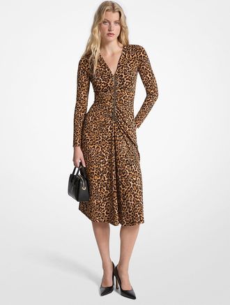 Michael Kors Leopard Print Matte Jersey Ruched Dress