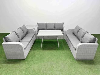 Fimous 9 Seat Outdoor Rattan Garden Furniture with 3 Seater Sofa Side Table in Light Grey