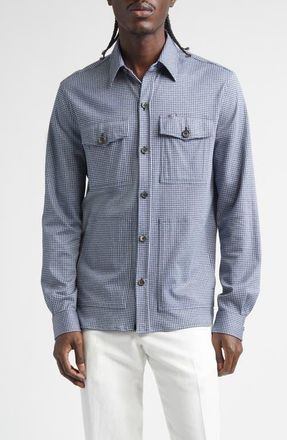 Isaia The Check Cotton & Silk Overshirt in Medium Blue at Nordstrom, Size Xxx-Large