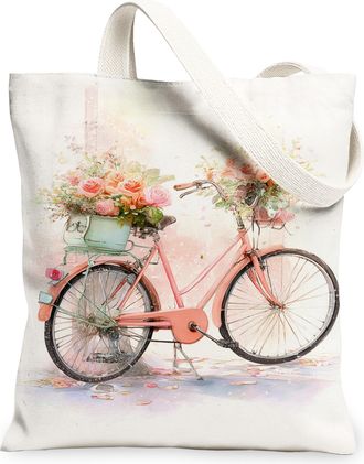 Generic Floral Bike Canvas Tote Bags, Vintage Flower Pattern Reusable Grocery Bags, Spring Elegant Lightweight Washable Canvas for, Peach, 13x15 Inch