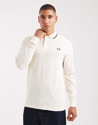 Fred Perry Polo a maniche lunghe écru con profili blu navy a contrasto-Bianco
