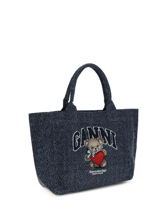 Ganni Bear-Embroidered Denim Tote Bag - Blue