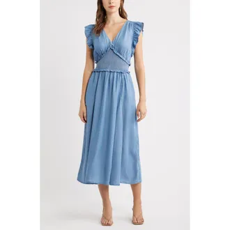 Chelsea28 Smocked Chambray Midi Dress in Medium Wash at Nordstrom, Size Xx-Small
