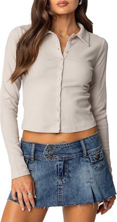 Edikted Darin Button-Up Rib Crop Top in Light-Gray at Nordstrom, Size X-Small