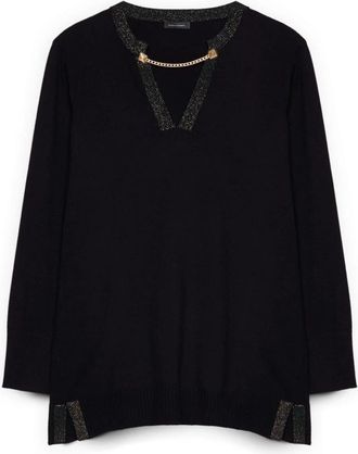 Fiorella Rubino V-hals Trui met Kettinkje - Dames - V-hals truien - Zwart - XS - Polyester - Truien & Vesten