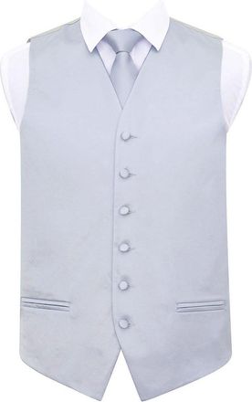 DQT Plain Satin Classic Glossy Wedding Waistcoat Vest Suit and Classic Neck Tie Set for Men in 36 Silver