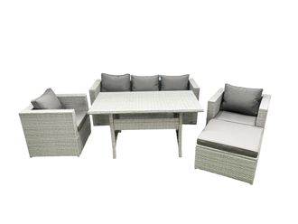 Fimous Garden Dining Set Outdoor Rattan Furniture Set with Sofa Dining Table 2 Chairs Big Footstool Light Grey Mixed