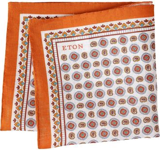 Eton Geometric Print Linen Pocket Square in Medium Orange at Nordstrom