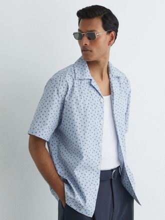 Reiss Soft Blue Cotton Medallion-print Cuban-collar Shirt, Xxl