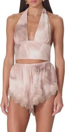 AFRM Sylas Plunge Halter Neck Crop Top in Dune Snake at Nordstrom, Size X-Large
