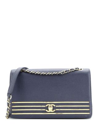 Chanel Borsa a tracolla Captain Gold media in pelle Caviar con battente - Blu