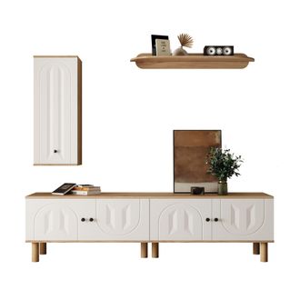 STILVORA Conjunto Mueble De Tv De Pared Con 1 Mueble De Tv, 1 Vitrina Y 1 Estante De Pared, Puertas Talladas, Para Sal&oacute;n, Tablero De Part&iacute;culas Y Mdf, Blanco Y
