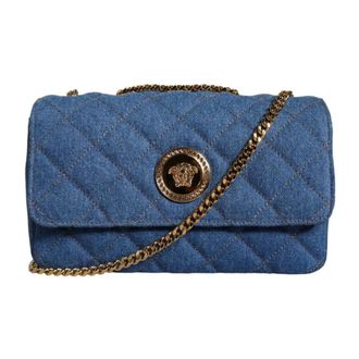 Versace Cross Body Bags, female, Blue, Size: ONE SIZE Quilted Denim Leather Crossbody Bag