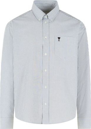Ami Black And White Vertical Stripe Casual Shirt With Embroidered Logo