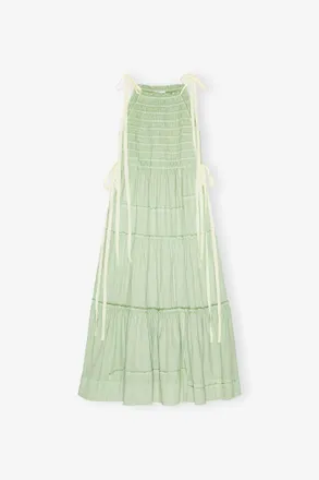 Ganni Green Light Smocked Tiered Dress - Size 10/12 Organic Cotton