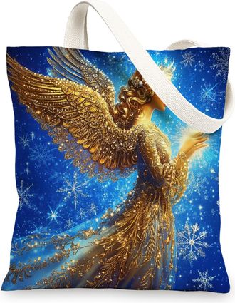 Generic Whimsical Christmas Angel Canvas Tote Bag for Shopping 13x15, Magic Fun Xmas Snowflakes Reusable Grocery Print Bag for Women, Holiday New Year Beach A