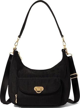 Baggallini Coastal Flip Lock Half Moon Bag Cross Body Womens Handbags Black with Gold Hardware, Nylon