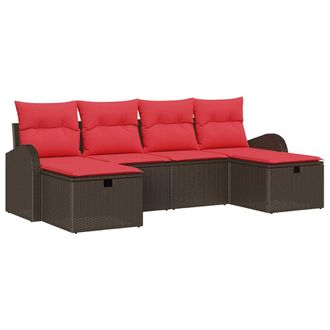 vidaXL Juego De Sof&aacute; Con Coj&iacute;n 6 Pcs Marr&oacute;n Y Rojo Rat&aacute;n Sint&eacute;tico Vidaxl