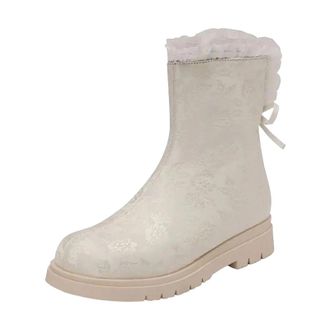 Generic Womens Mid Calf Boots Round Toe Med Thick Heel With Side Zipper And A Delicate Floral Butterfly-Knot Detail