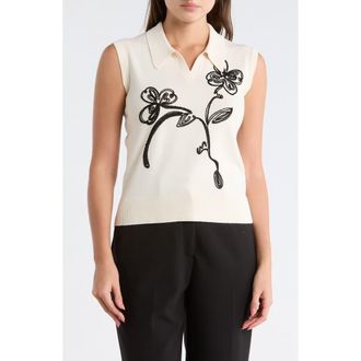 Adrianna Papell Floral Embroidered Sleeveless Crop Polo Sweater in Cream/Black at Nordstrom Rack, Size X-Small