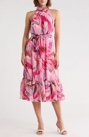 Eliza J Halter Neck Sleeveless Midi Dress in Pink Multi at Nordstrom Rack, Size 10