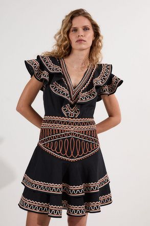 Karen Millen Womens Embroidered Cotton Linen Woven Plunge Mini Dress - Monochrome Multi - Size 12 UK