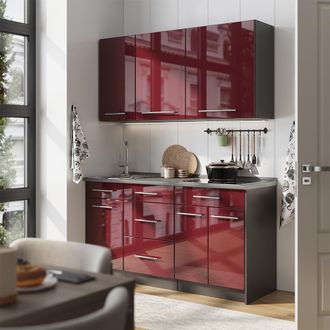 Vicco Cocina Para Solteros Fame-line, Rojo Burdeos Alto Brillo/antracita, 150 Cm, Et Antracita, Vicco