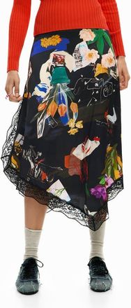 Desigual Floral Print Asymmetric Hem Skirt in Black at Nordstrom, Size X-Large