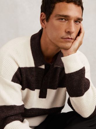 Reiss Chocolate Brown & off White Waffle-knit Stripe Half-button Jumper With Wool, Xxl