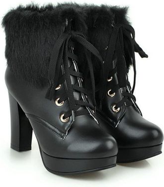 Generic Womens Lined Platform Ankle Boots, Block Heel PU Leather Ankle Boots with Laces And Fur Collar Fashionable Autumn Winter Shoes for Everyday Wear And O