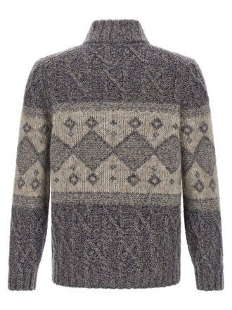 Brunello Cucinelli Geometric Patterned Chin&eacute; Yarn Cardigan - Grey