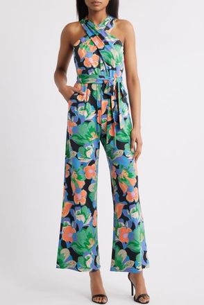 Tahari by ASL Print Twist Neck Tie Waist Wide Leg Jumpsuit in Black/Green/Orange Multi at Nordstrom, Size 12P