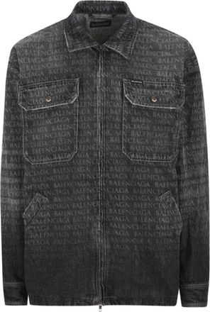 Balenciaga Allover Logo Printed Zipped Overshirt - Heren - Spijkeroverhemden - Zwart - M - Katoen - Overhemden